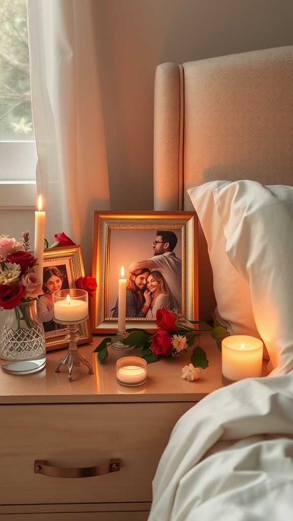 A cozy bedside table decorated with framed photos, candles, and flowers in a warmly lit bedroom.