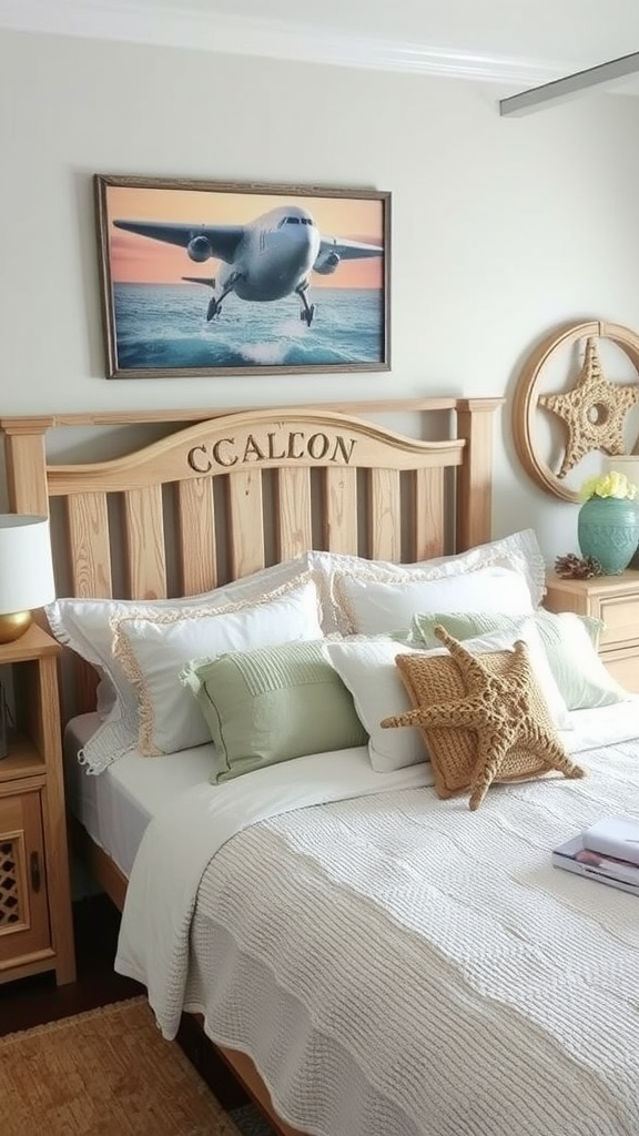 Cozy coastal bedroom featuring a personalized wooden bed frame, soft pillows, beach-themed decor, and a travel-inspired artwork.