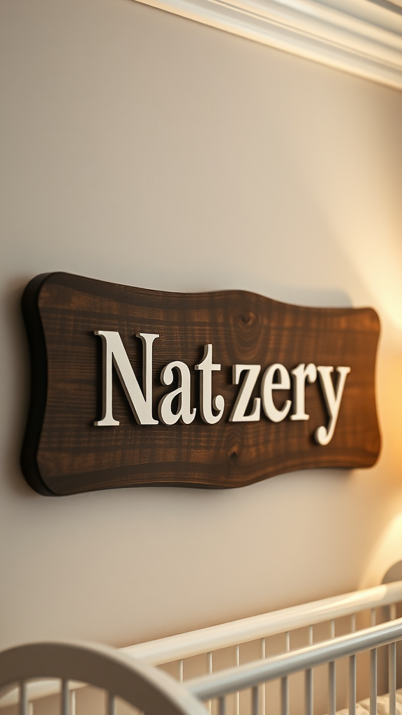 Personalized dark wood name plaque with white letters in a nursery setting