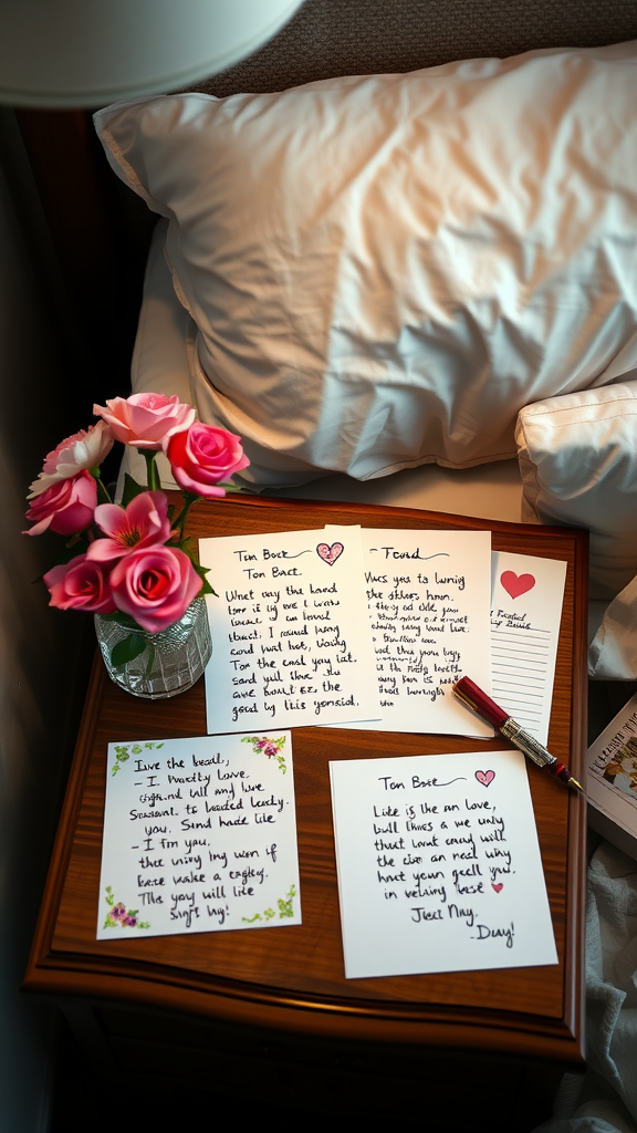 A bedside table with personalized love notes and pink roses.