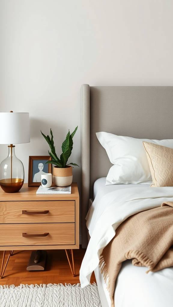 Cozy bedroom setup featuring a personalized nightstand with a plant, photo frame, and lamp.
