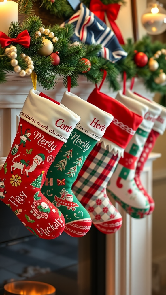 A cozy display of personalized Christmas stockings hanging from a mantel, decorated with festive greenery.