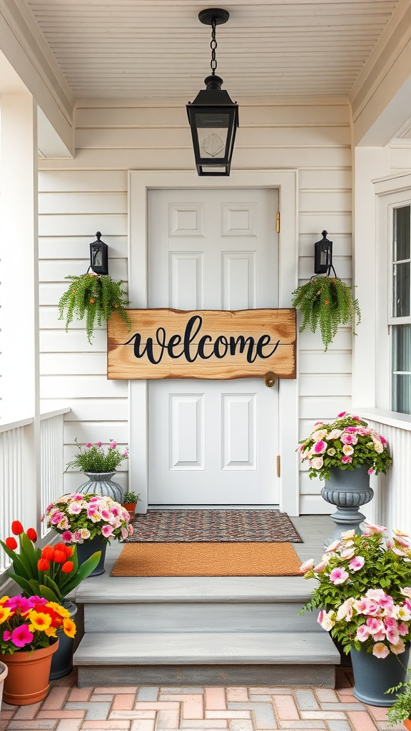 A welcoming porch with a personalized wooden sign and colorful flowers.