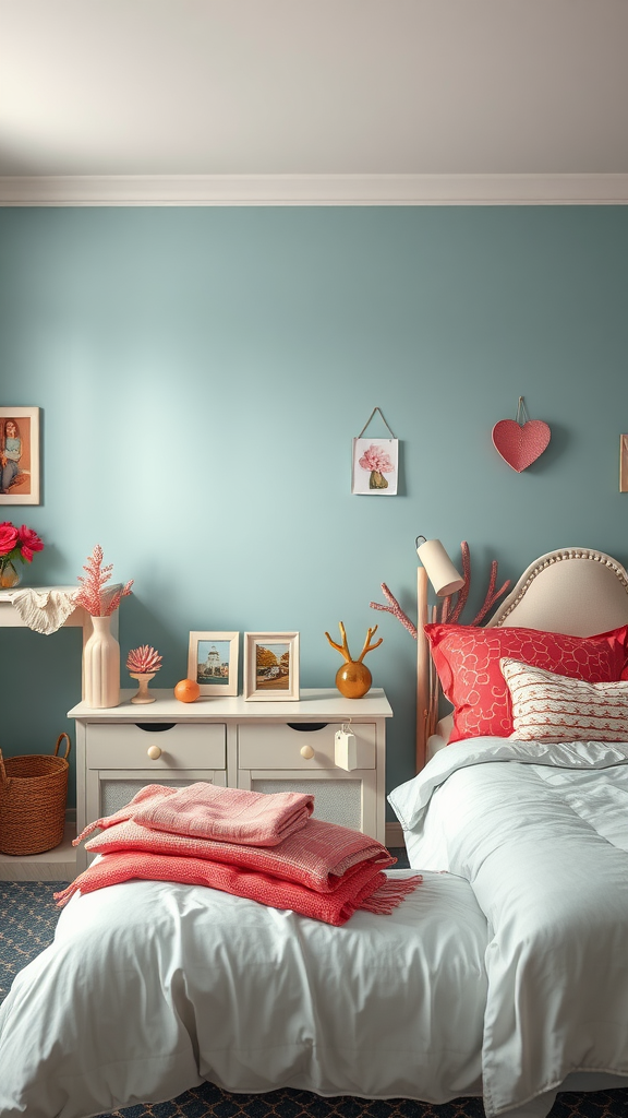A cozy coral-themed bedroom with blue walls, coral pillows, and decorative items on a dresser.