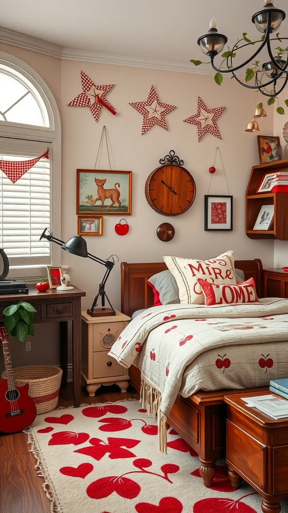 A cozy cherry-themed bedroom with red accents, playful decor, and inviting lighting.