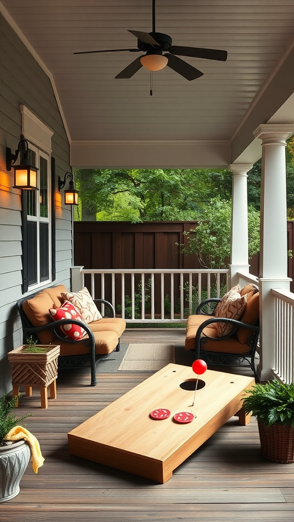 A cozy eastern porch with seating and a cornhole game setup.
