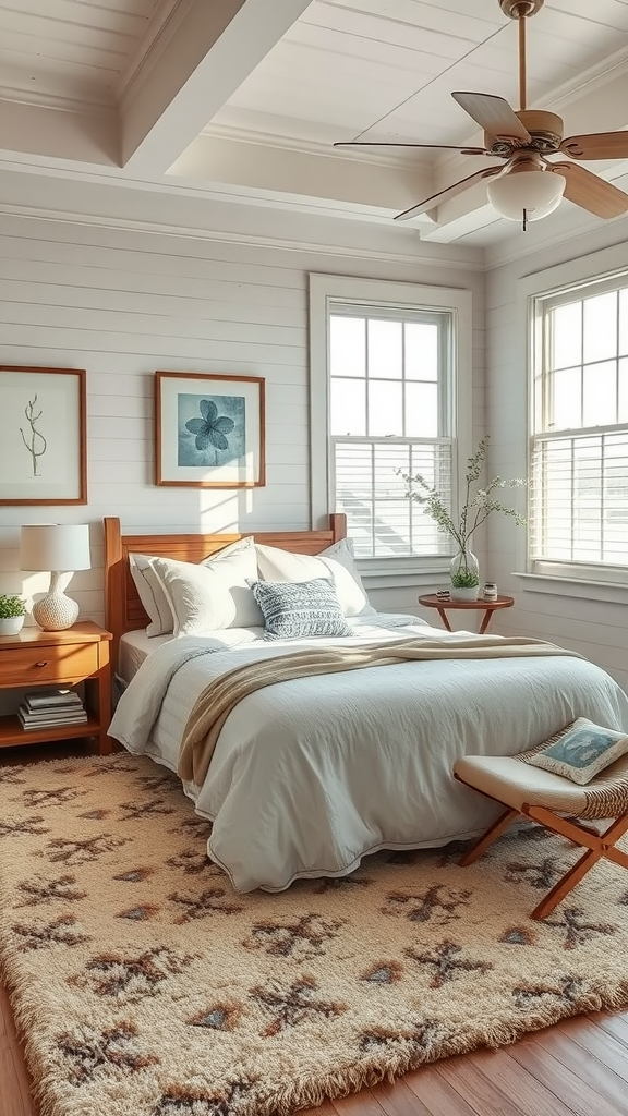 Cozy coastal bedroom with a plush area rug, wooden furniture, and soft bedding.