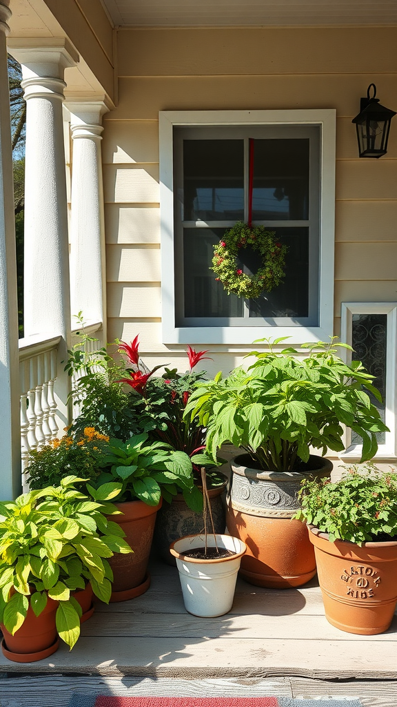 A vibrant assortment of potted herbs and plants on an eastern porch.