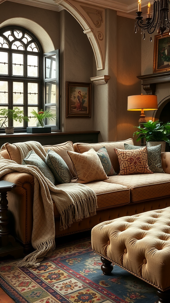 Cozy living room with a couch decorated with quilted throws and cushions.