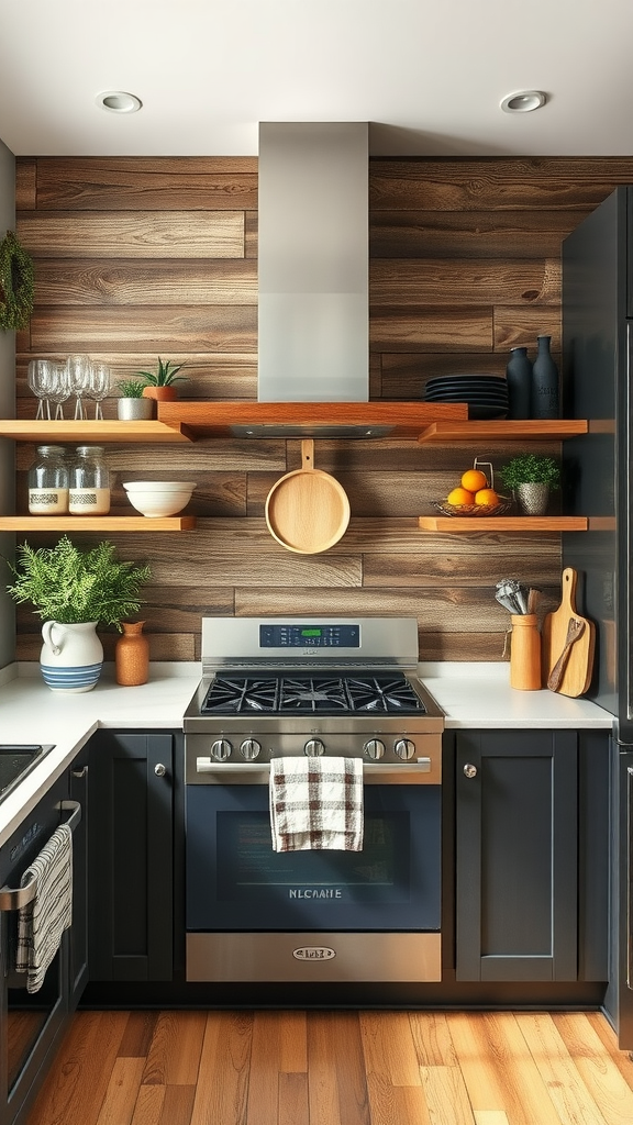 A modern kitchen featuring reclaimed barn wood as a backsplash, stainless steel appliances, and open shelving with decorative items.