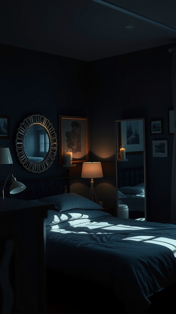 A cozy dark bedroom with a mirror, soft lighting, and shadows