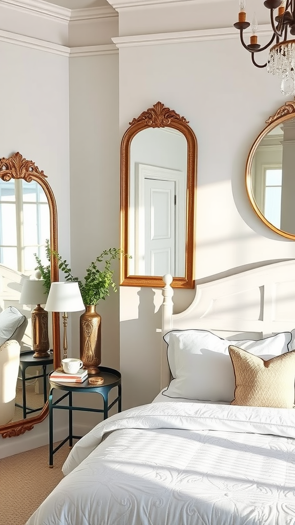 A bright coastal bedroom featuring elegant mirrors and warm sunlight.