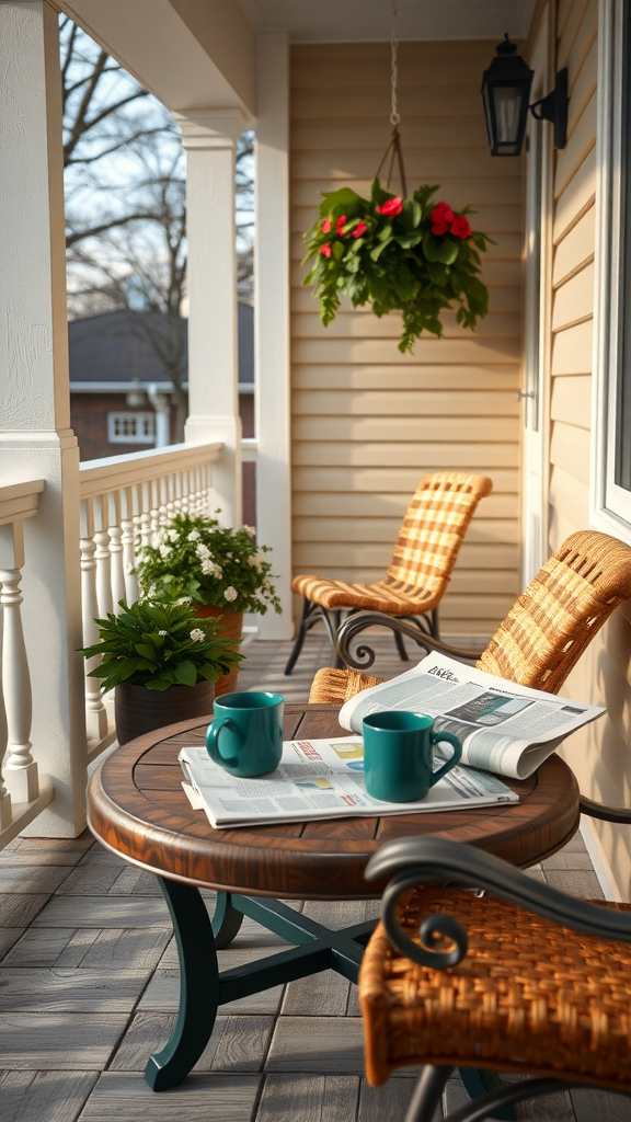 A cozy eastern porch featuring a small table with two turquoise mugs and a newspaper, surrounded by plants and wicker chairs.