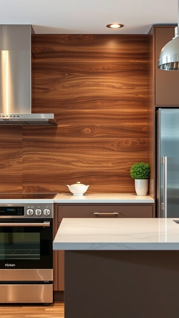 A modern kitchen featuring rich walnut paneling, a stainless steel stove, and light countertops.