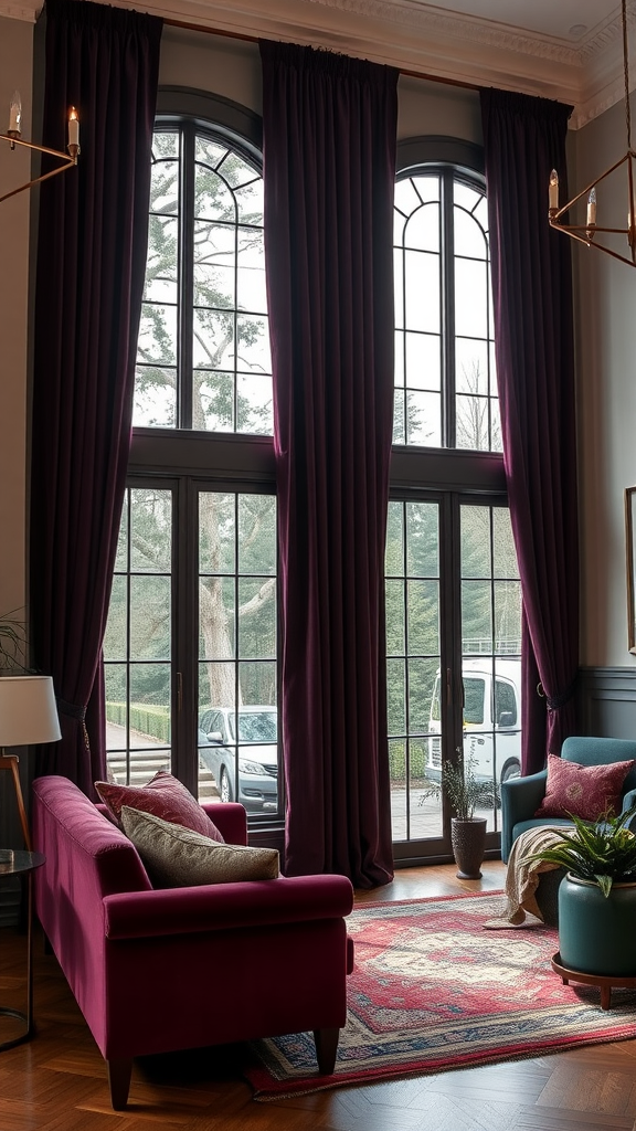 A cozy living room featuring rich purple velvet curtains framing large windows, a plush purple sofa, and a vibrant rug.