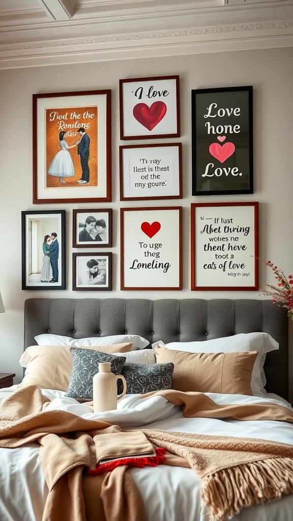 A cozy bedroom with romantic artwork on the wall, featuring quotes and illustrations of love.
