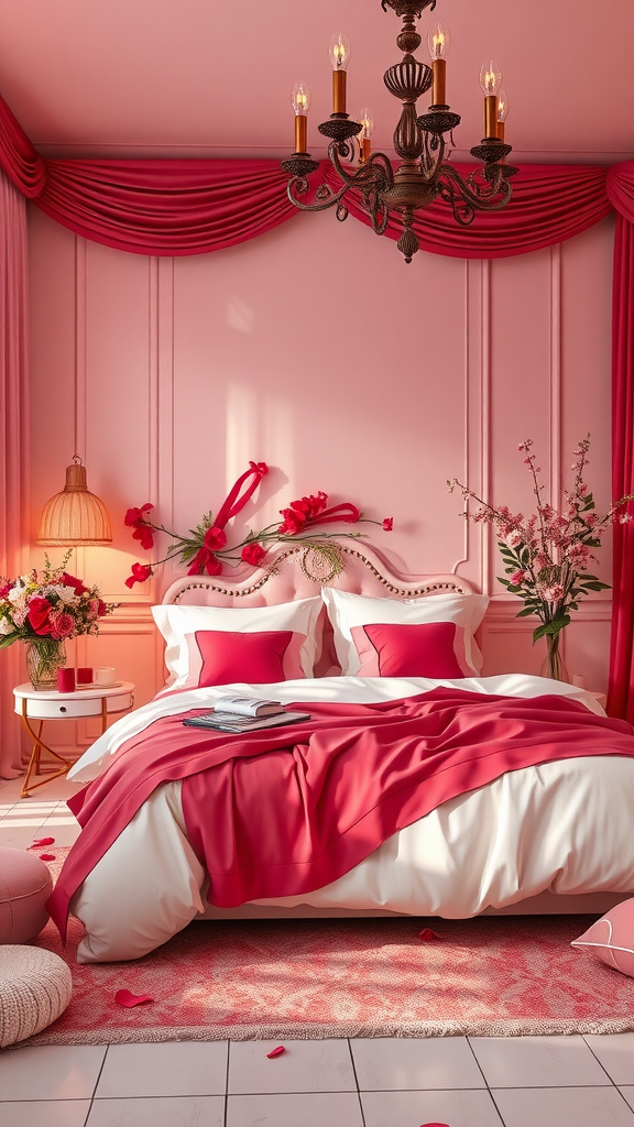 A beautifully decorated romantic bedroom with pink walls, red and white bedding, flowers, and soft lighting.