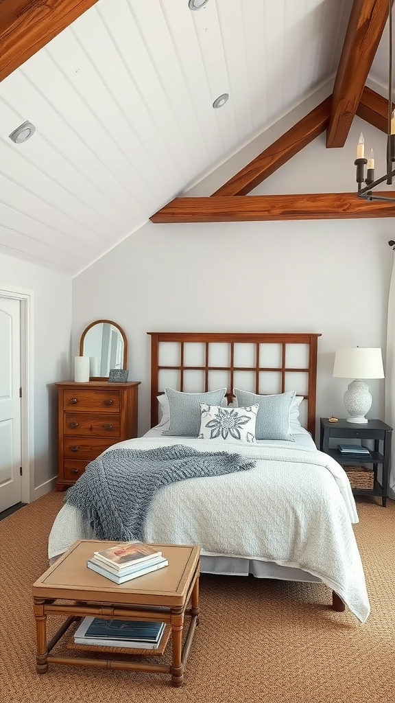 A cozy coastal bedroom featuring rustic wooden beams on the ceiling, a neatly made bed, and warm decor.