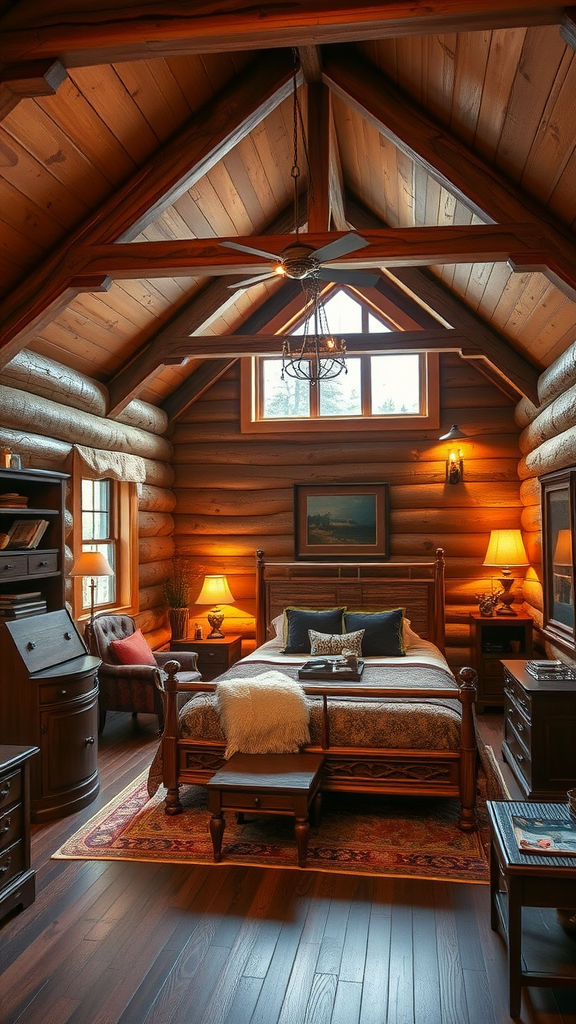 Rustic bedroom featuring cherry wood furniture, wooden walls, and warm lighting.