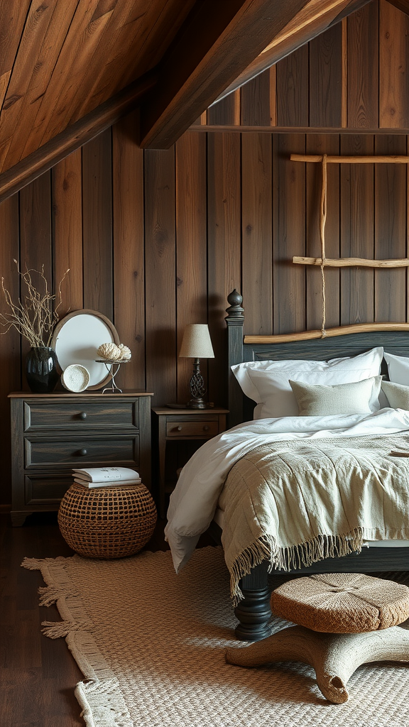 A rustic coastal bedroom featuring dark wood walls, a cozy bed with soft linens, and warm decor elements.