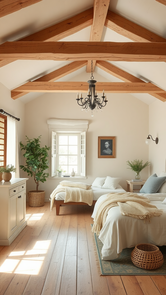 Cozy bedroom with rustic cream beams and wooden flooring