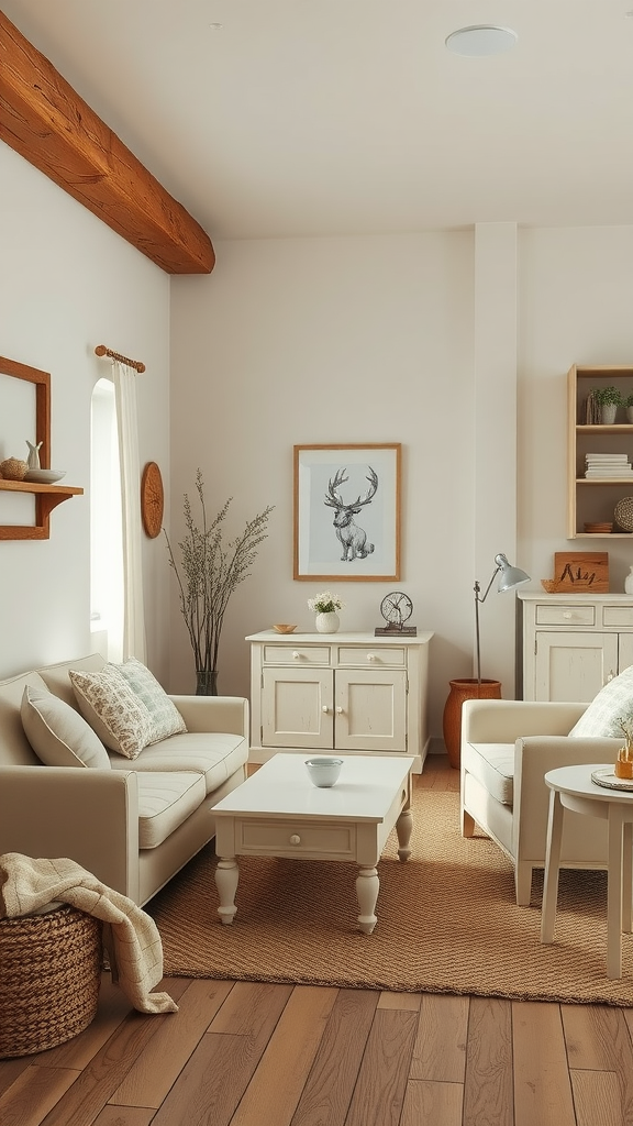 A cozy room with rustic cream furniture, soft fabrics, wooden beams, and decorative elements.