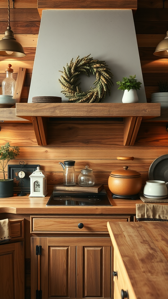 A rustic kitchen with a hickory backsplash, wooden shelves, and decorative items.