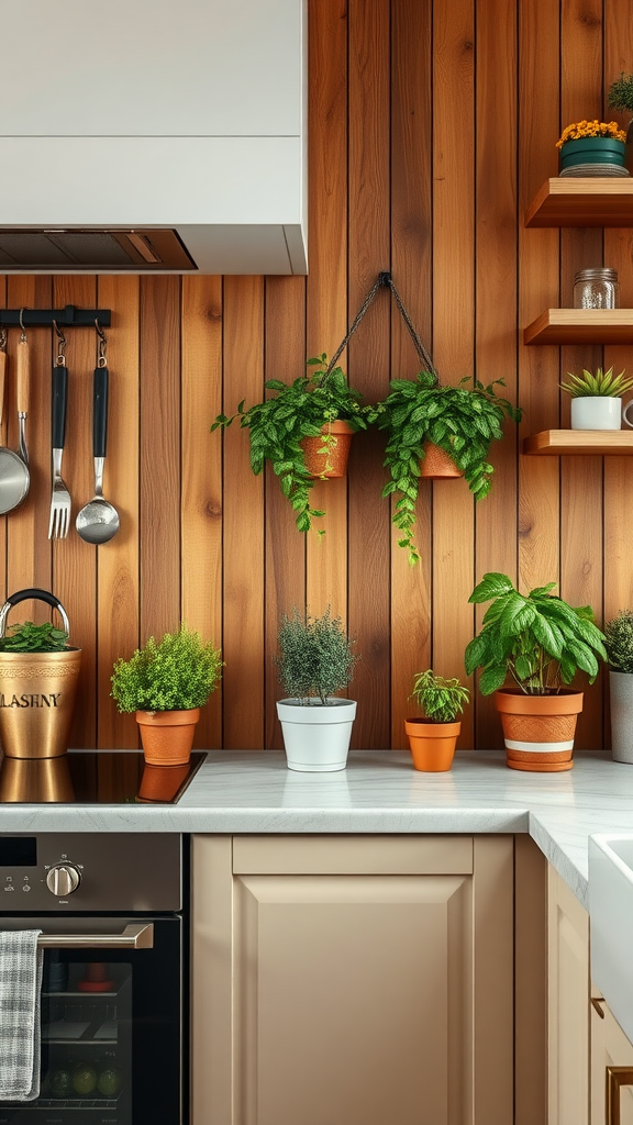 A cozy kitchen featuring rustic oak slats on the walls, with a dark wood kitchen backsplash and various plants in terracotta pots.