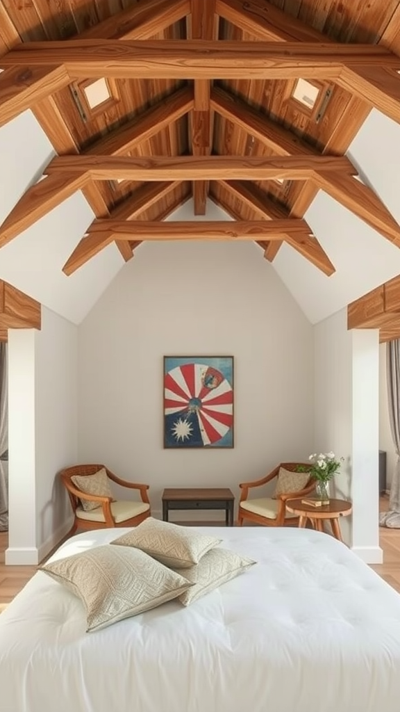 A cozy bedroom featuring rustic wooden beams, a white bed with decorative pillows, and wooden chairs, creating a warm and inviting atmosphere.