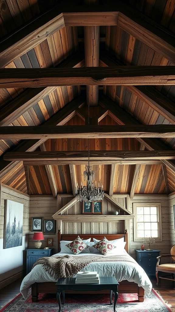 A cozy bedroom featuring rustic wooden beams and vintage decor