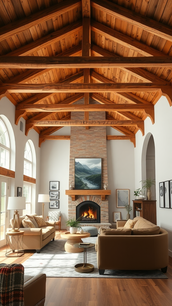 A cozy living room featuring rustic wooden beams on the ceiling, a fireplace, and comfortable seating.