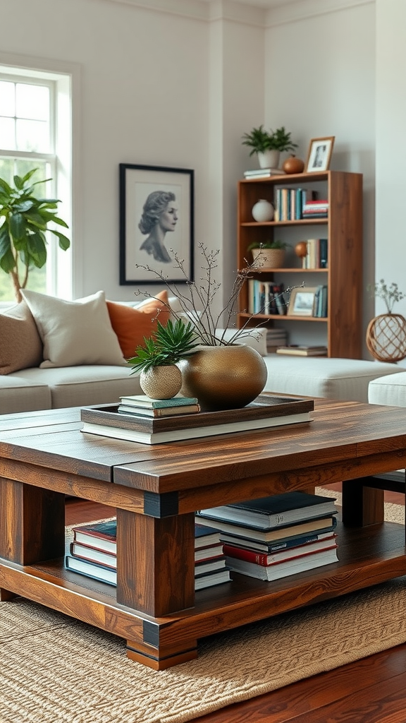 A rustic wooden coffee table with books and decorative plants in a cozy living room