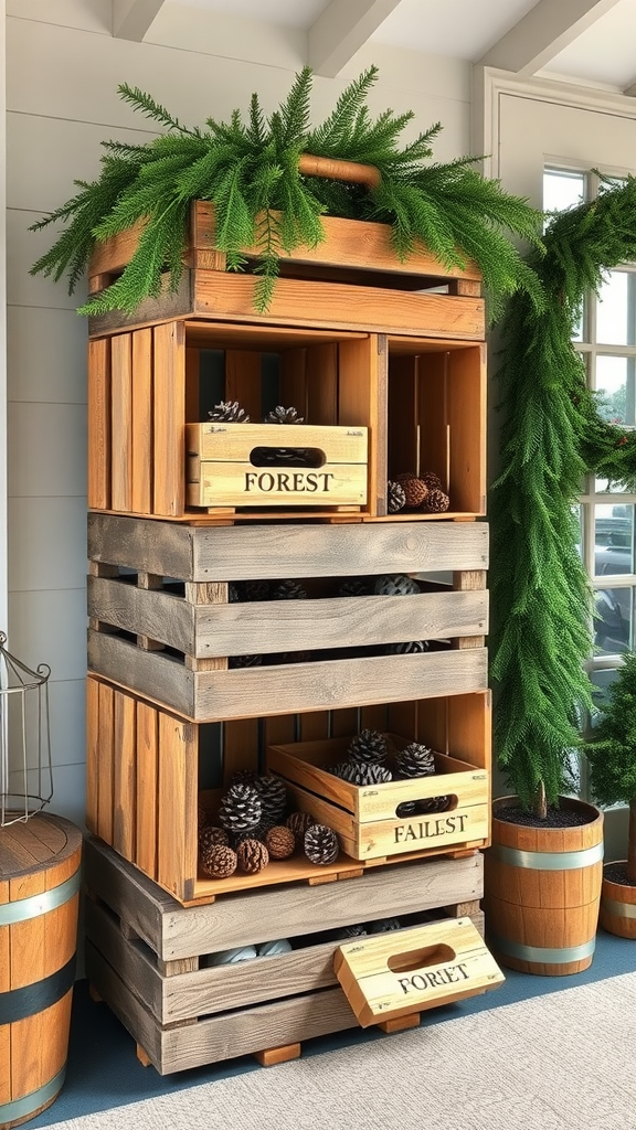 Rustic wooden crate display with pinecones and greenery, labeled with 'FOREST,' 'FAILSET,' and 'PORET'