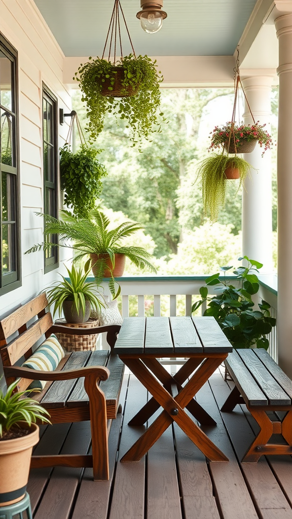 Rustic wooden furniture on a porch with plants