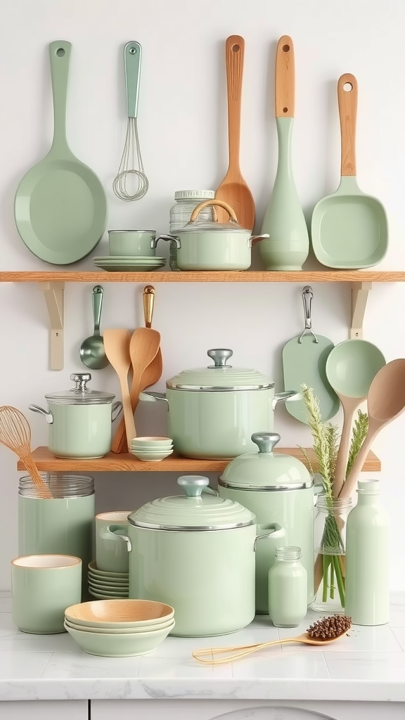 Sage green kitchen accessories displayed on shelves, featuring pots, utensils, and bowls.