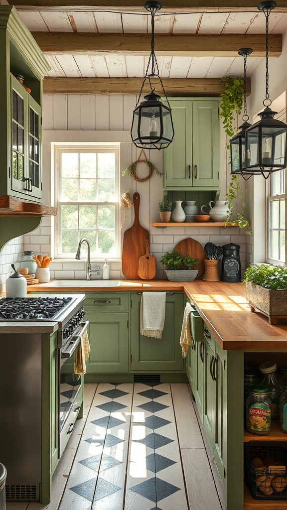 A cozy farmhouse-style kitchen featuring sage green cabinets, wooden beams, and a patterned floor.