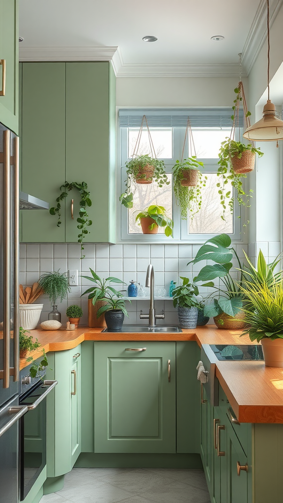 A sage green kitchen filled with various indoor plants, featuring hanging planters by the window and a warm wooden countertop.