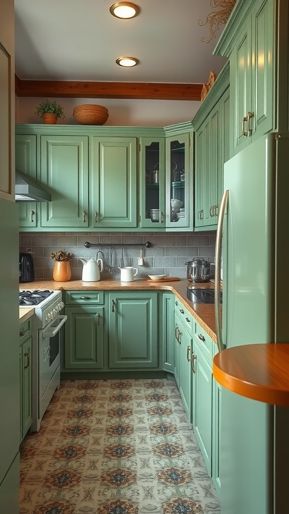 A vintage charm kitchen with sage green cabinets, warm countertop, and patterned floor.