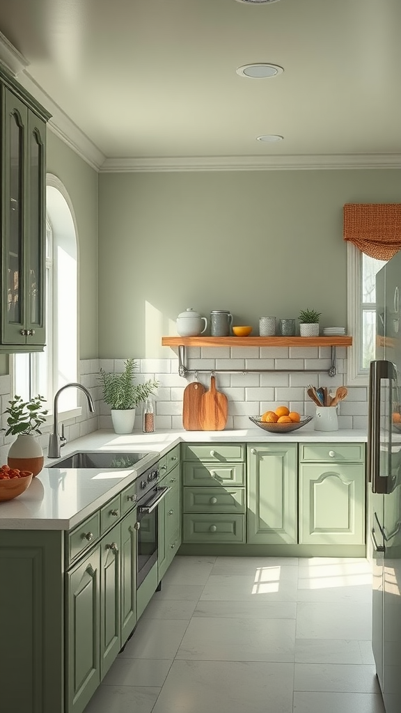 A bright kitchen featuring sage green cabinets and walls, complemented by white countertops and colorful decor.