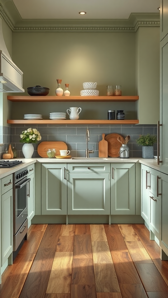 A cozy kitchen featuring sage green cabinets, wooden flooring, and open shelves with dishware.