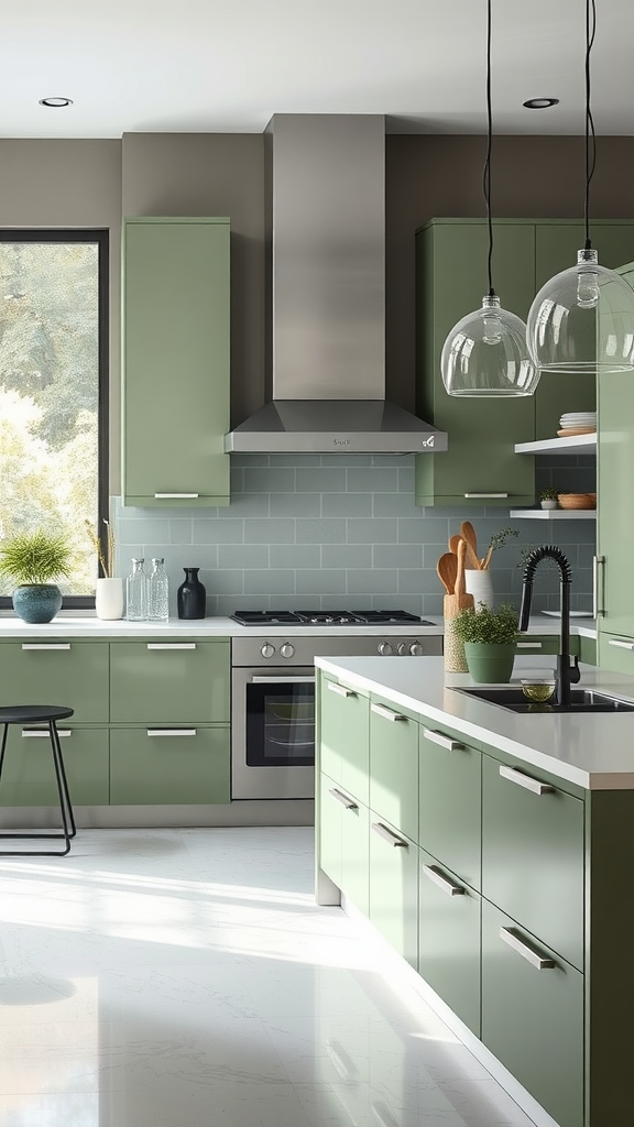 Modern kitchen design featuring sage green cabinets and stainless steel appliances.