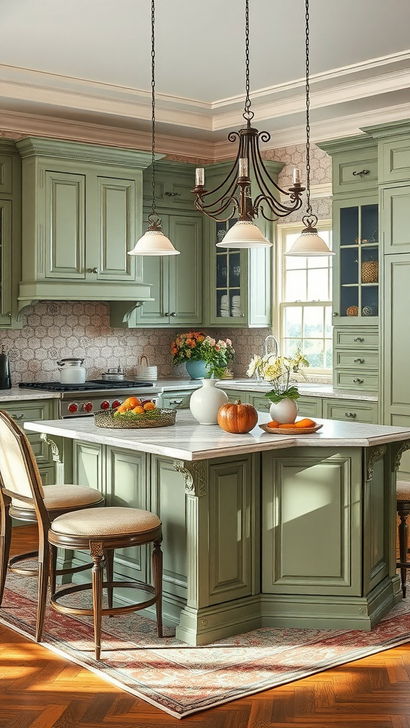 A beautifully designed kitchen featuring sage green cabinets, a marble countertop, and stylish pendant lighting.