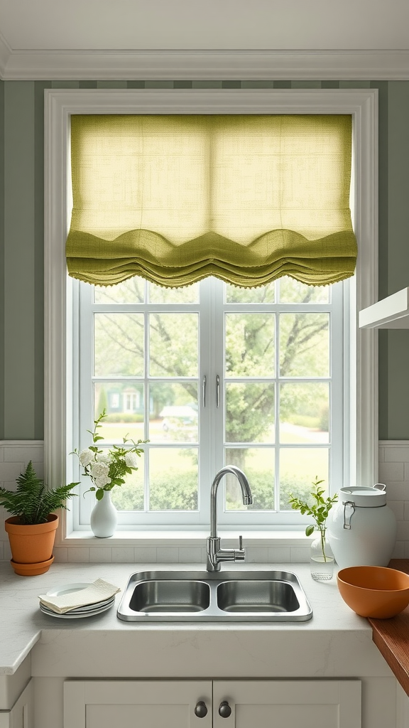 A kitchen with sage green window treatments above a sink, surrounded by potted plants and kitchenware.