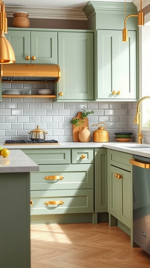 A cozy sage green kitchen featuring metallic gold accents.