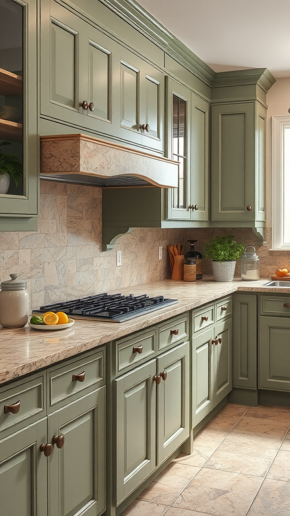 A sage green kitchen with natural stone countertops, featuring neatly arranged cabinetry and a bright atmosphere.