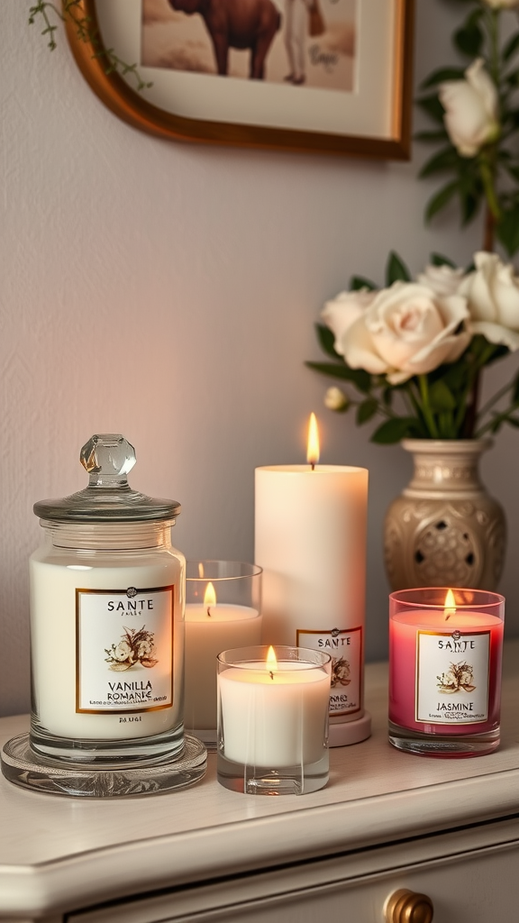 A collection of scented candles displayed on a dresser with soft lighting.