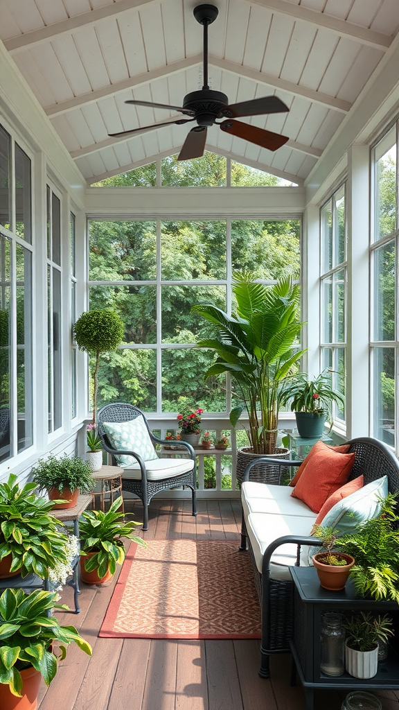 A cozy screened-in porch with seating, plants, and a ceiling fan.