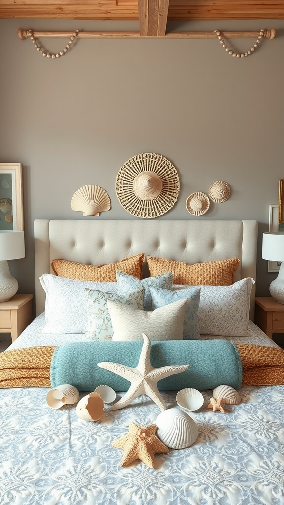 A cozy coastal bedroom featuring seashells, starfish, and decorative coral accents on a neatly made bed.