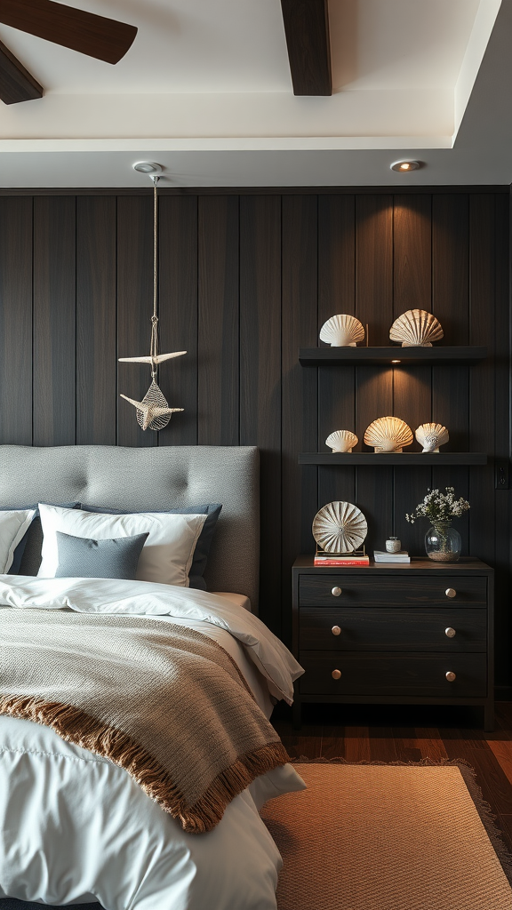 Coastal bedroom featuring seashell decor on dark wood shelves