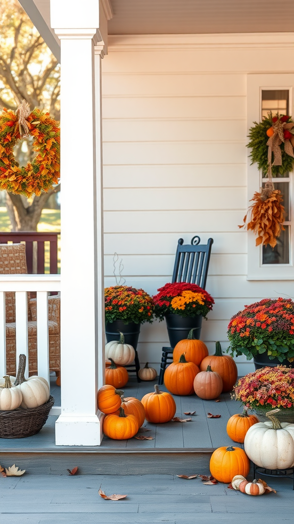 A beautifully decorated eastern porch with pumpkins, colorful flowers, and a festive wreath.